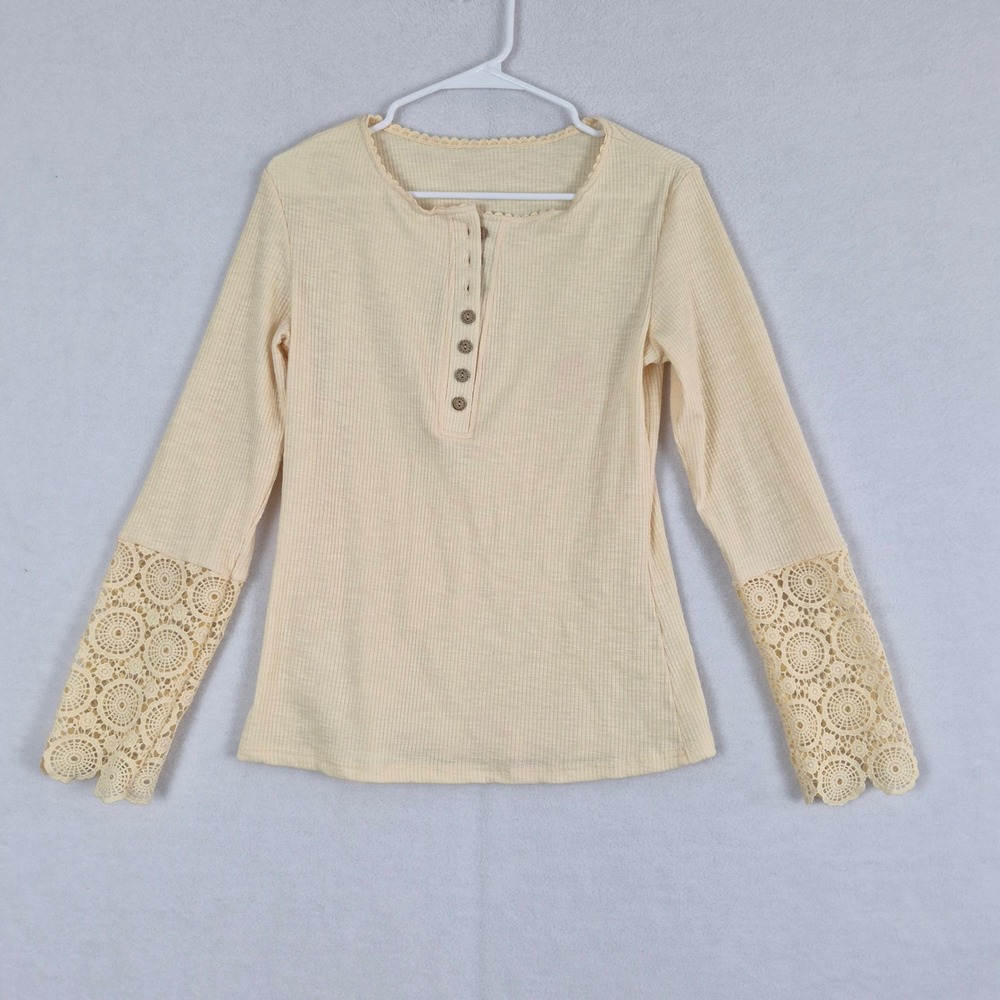 Butter Yellow Ribbed Henley Top Crochet Lace Long Sleeve Boho Medium Fairy Whims